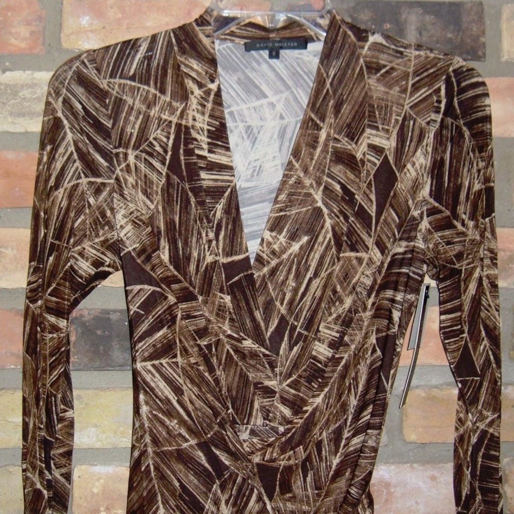 David Meister faux wrap rayon jersey brown leaf print dress 8 small NWT
